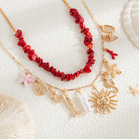 Thumbnail for Boho 2pcs Sun Pearl Starfish Conch Pendant Turquoise Chain Necklace Set - ArtGalleryZen