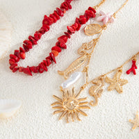 Thumbnail for Boho 2pcs Sun Pearl Starfish Conch Pendant Turquoise Chain Necklace Set - ArtGalleryZen