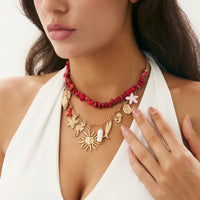 Thumbnail for Boho 2pcs Sun Pearl Starfish Conch Pendant Turquoise Chain Necklace Set - ArtGalleryZen