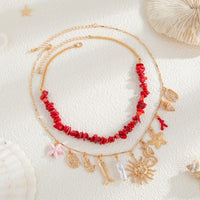 Thumbnail for Boho 2pcs Sun Pearl Starfish Conch Pendant Turquoise Chain Necklace Set - ArtGalleryZen