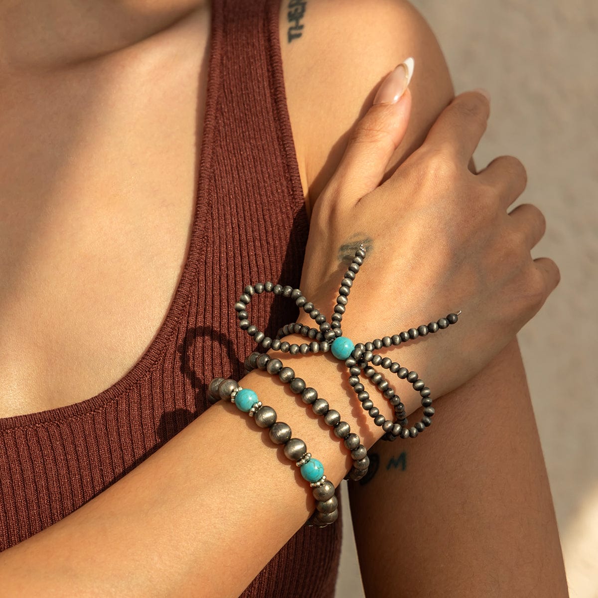 Boho 3pcs Antique Silver Tone Bowknot Turquoise Beaded Bracelet Set - ArtGalleryZen