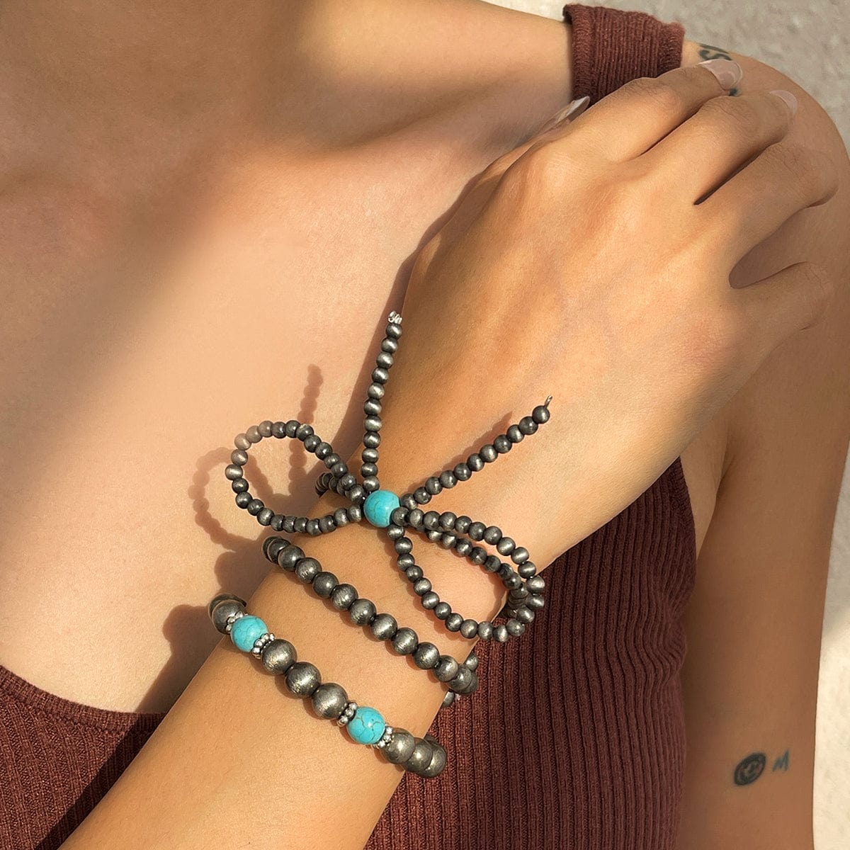 Boho 3pcs Antique Silver Tone Bowknot Turquoise Beaded Bracelet Set - ArtGalleryZen