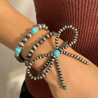 Thumbnail for Boho 3pcs Antique Silver Tone Bowknot Turquoise Beaded Bracelet Set - ArtGalleryZen