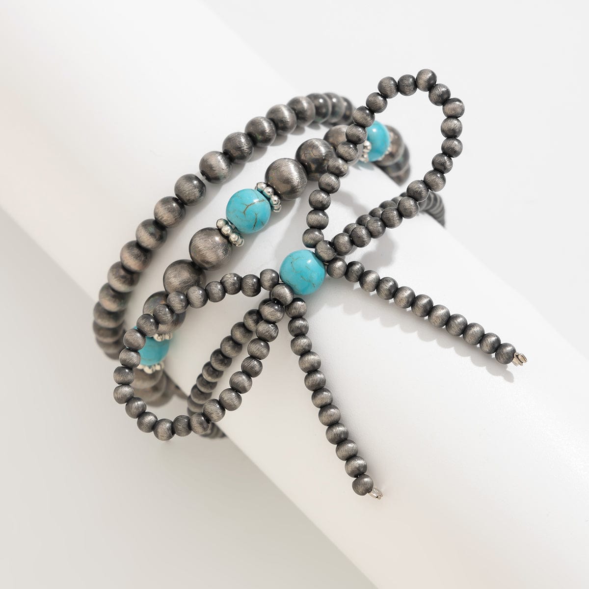 Boho 3pcs Antique Silver Tone Bowknot Turquoise Beaded Bracelet Set - ArtGalleryZen