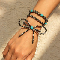 Thumbnail for Boho 3pcs Antique Silver Tone Bowknot Turquoise Beaded Bracelet Set - ArtGalleryZen