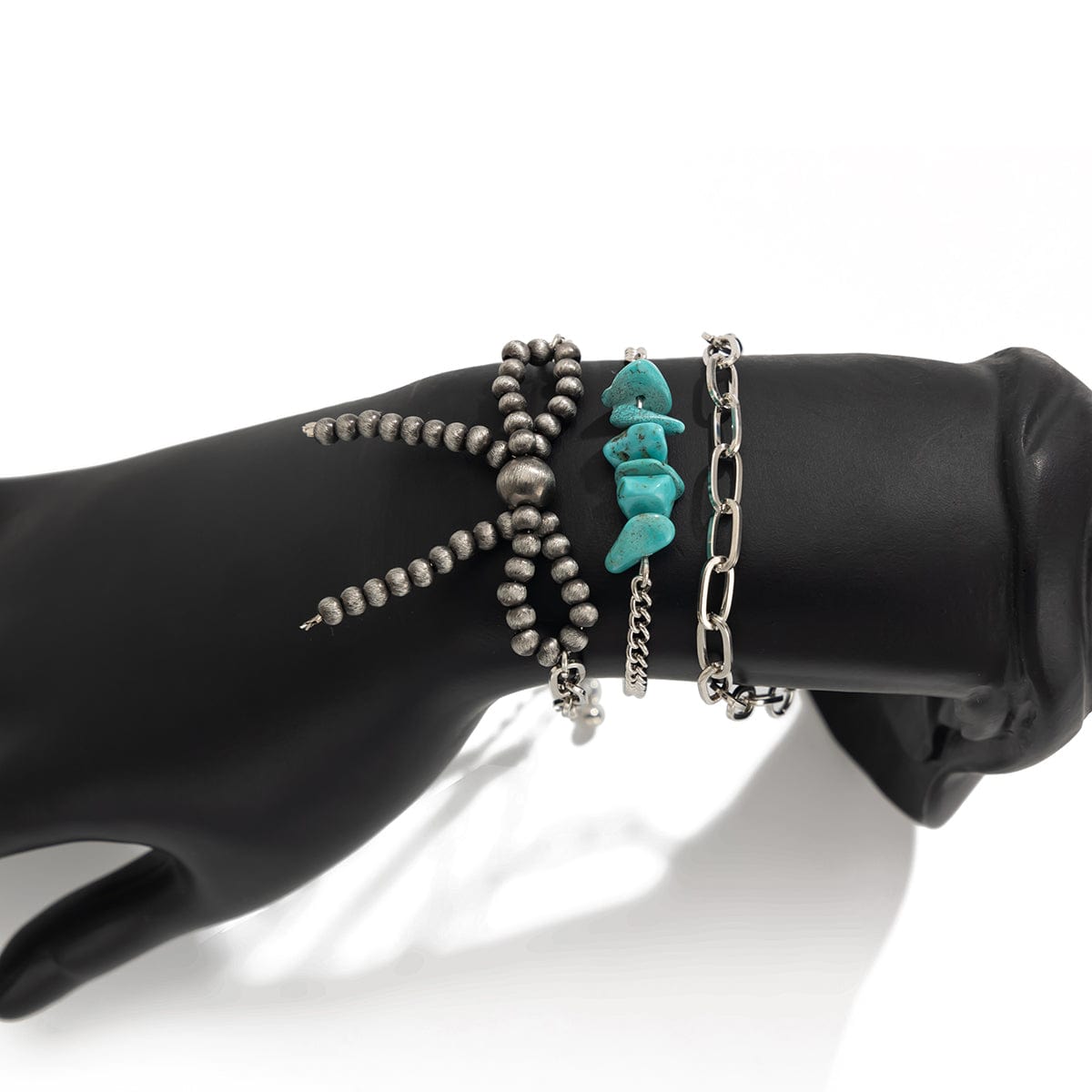 Boho 3pcs Antique Silver Tone Bowknot Turquoise Curb Chain Bracelet Set - ArtGalleryZen