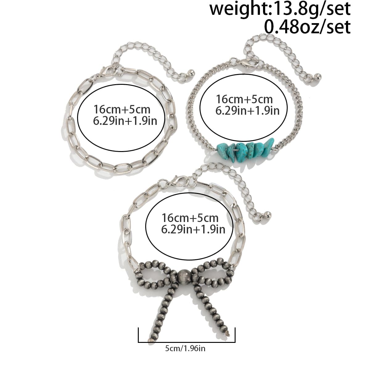 Boho 3pcs Antique Silver Tone Bowknot Turquoise Curb Chain Bracelet Set - ArtGalleryZen