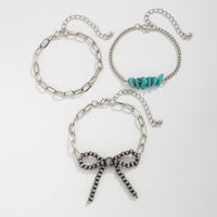 Thumbnail for Boho 3pcs Antique Silver Tone Bowknot Turquoise Curb Chain Bracelet Set - ArtGalleryZen