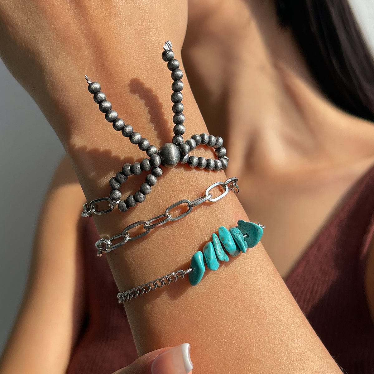 Boho 3pcs Antique Silver Tone Bowknot Turquoise Curb Chain Bracelet Set - ArtGalleryZen
