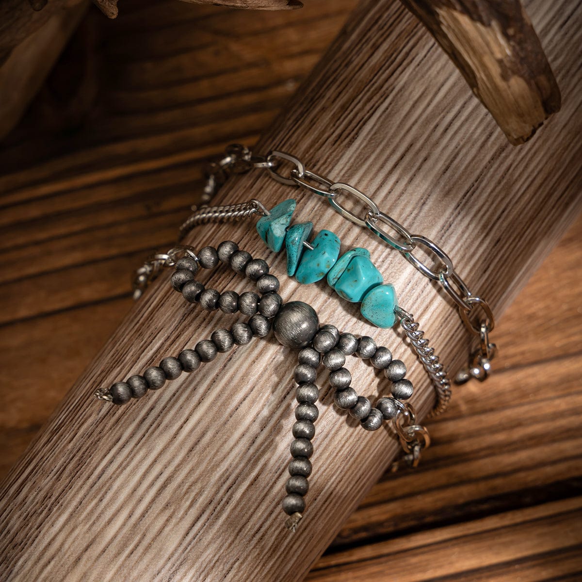 Boho 3pcs Antique Silver Tone Bowknot Turquoise Curb Chain Bracelet Set - ArtGalleryZen