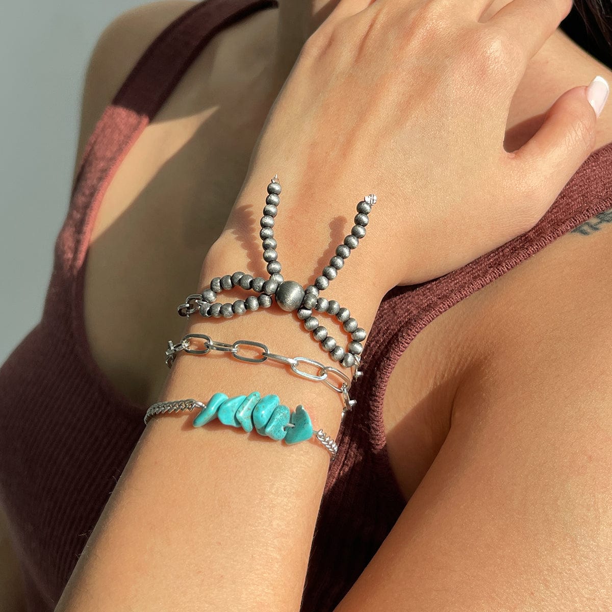 Boho 3pcs Antique Silver Tone Bowknot Turquoise Curb Chain Bracelet Set - ArtGalleryZen