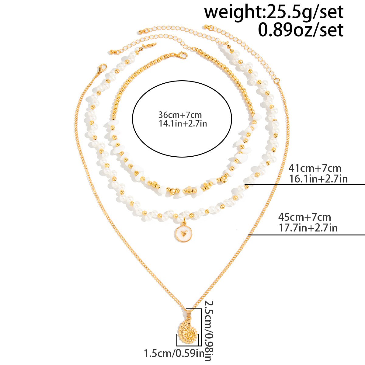 Boho 3pcs Conch Enamel Round Disk Pendant Pearl Chain Necklace Set - ArtGalleryZen