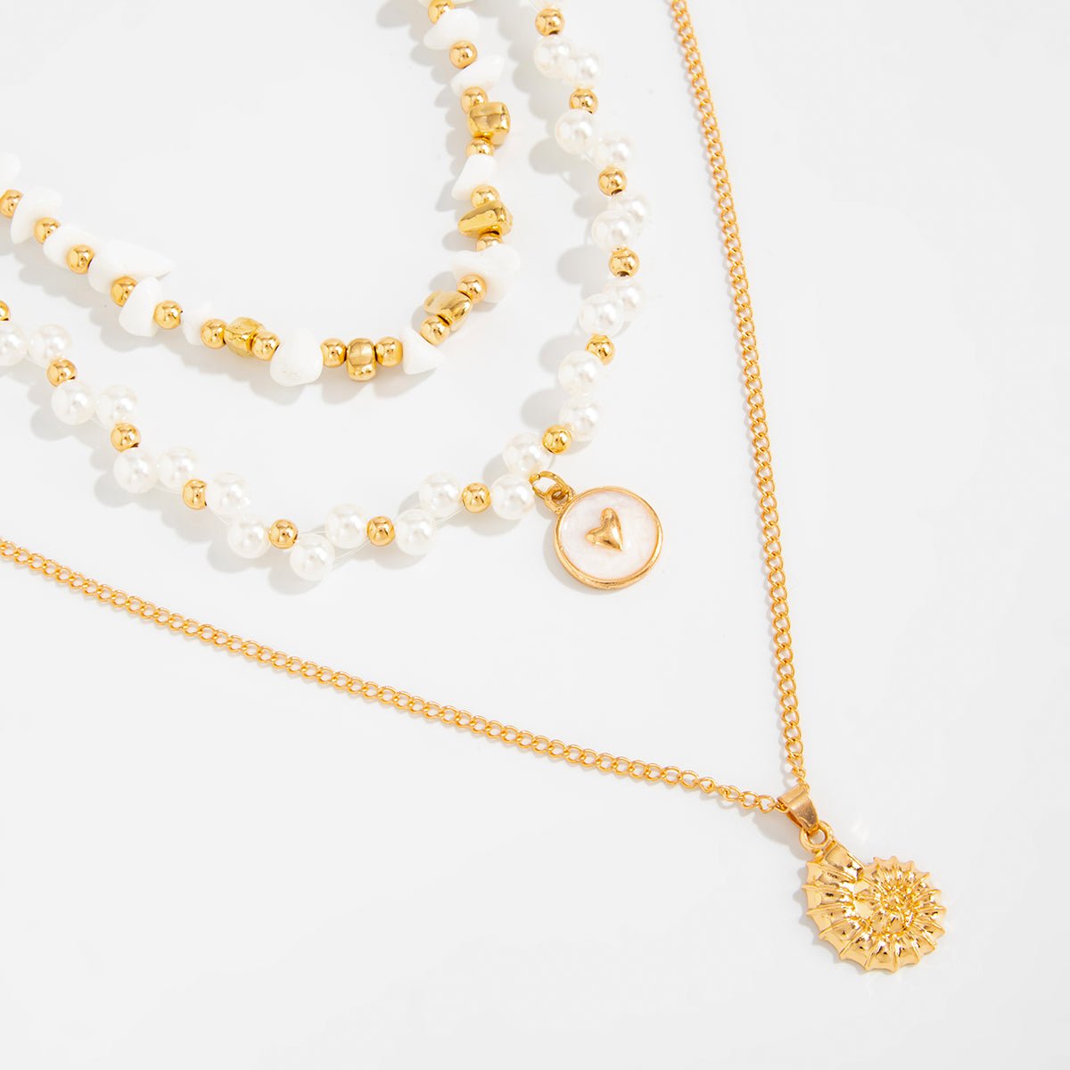 Boho 3pcs Conch Enamel Round Disk Pendant Pearl Chain Necklace Set - ArtGalleryZen