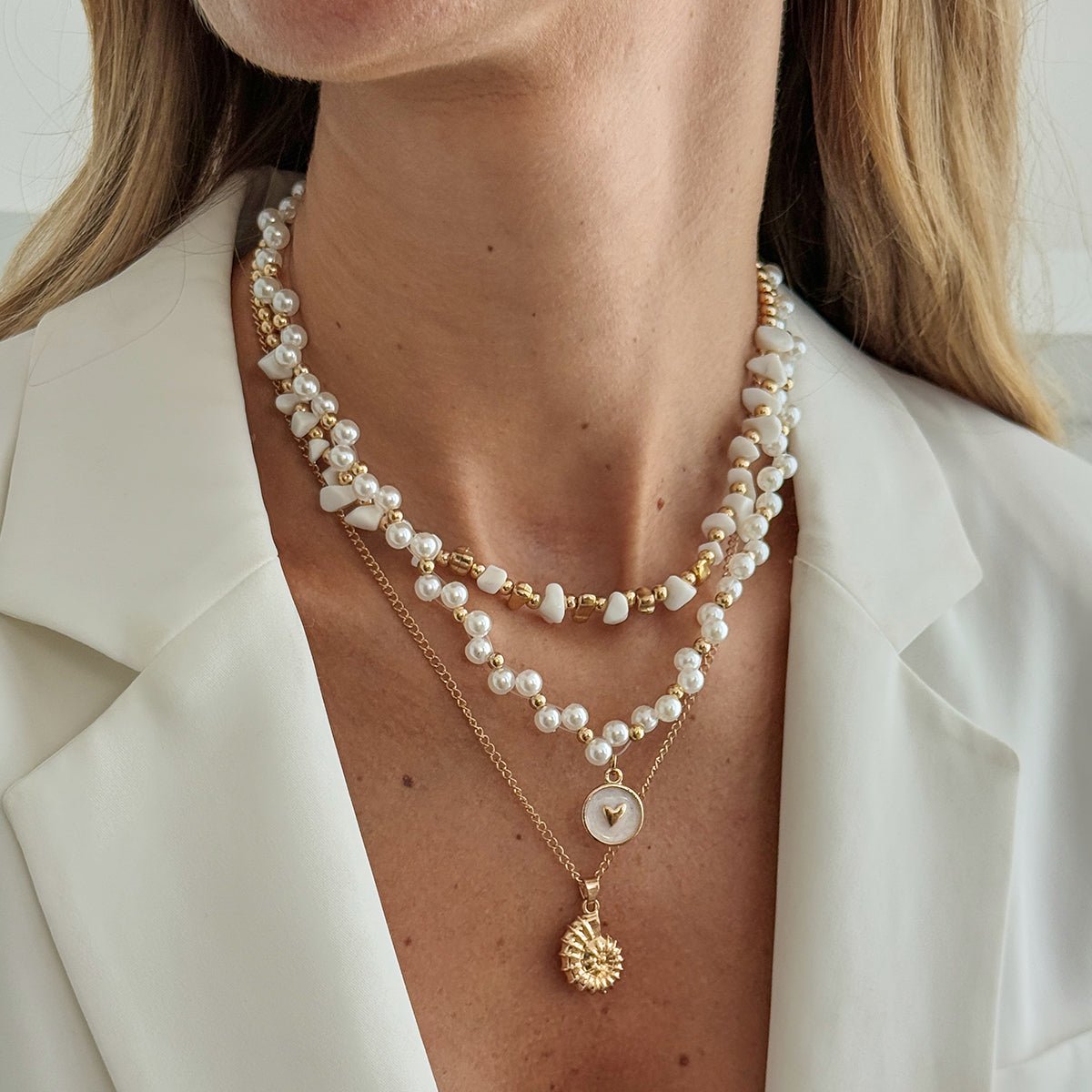 Boho 3pcs Conch Enamel Round Disk Pendant Pearl Chain Necklace Set - ArtGalleryZen