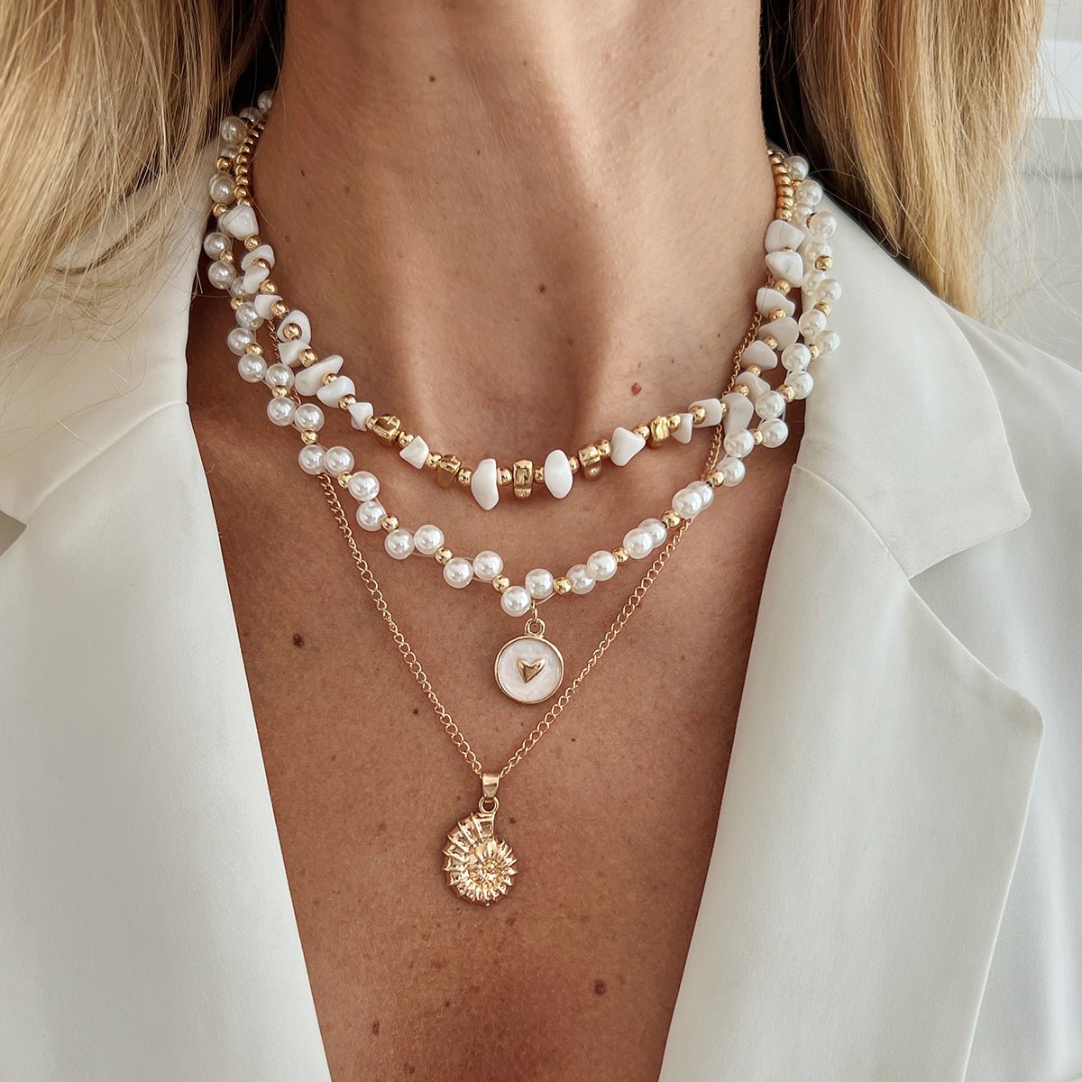 Boho 3pcs Conch Enamel Round Disk Pendant Pearl Chain Necklace Set - ArtGalleryZen