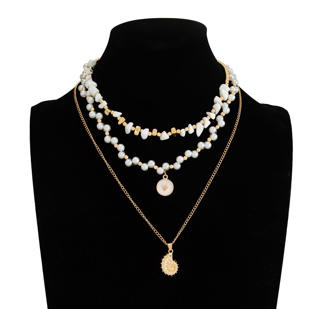 Boho 3pcs Conch Enamel Round Disk Pendant Pearl Chain Necklace Set - ArtGalleryZen