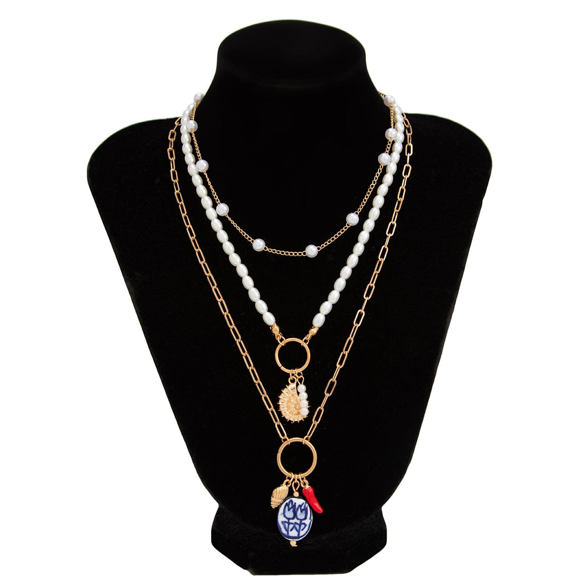 Boho 3pcs Conch Flower Ceramic Pendant Pearl Chain Necklace Set - ArtGalleryZen