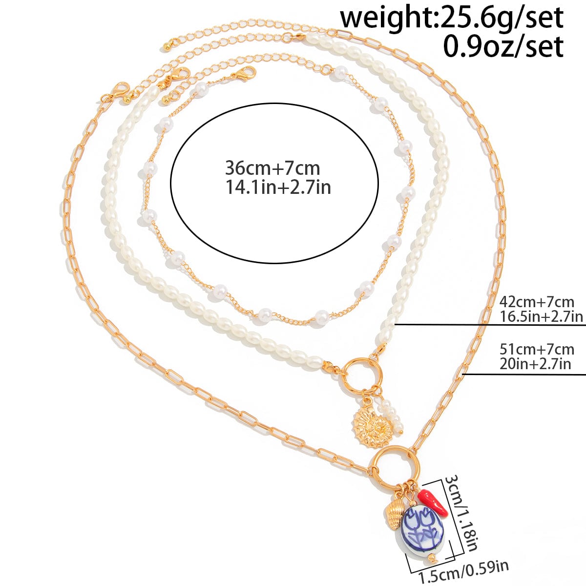 Boho 3pcs Conch Flower Ceramic Pendant Pearl Chain Necklace Set - ArtGalleryZen