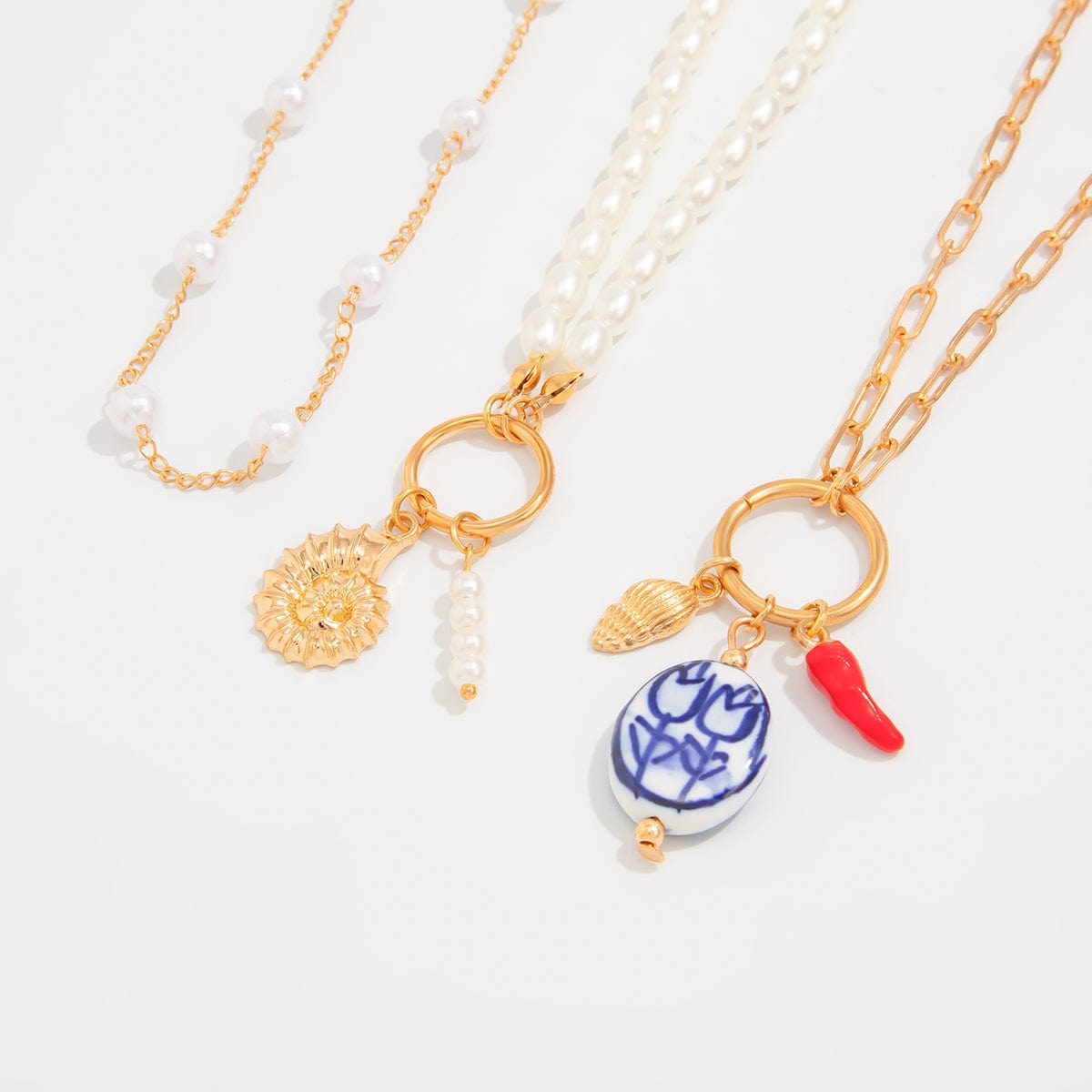 Boho 3pcs Conch Flower Ceramic Pendant Pearl Chain Necklace Set - ArtGalleryZen