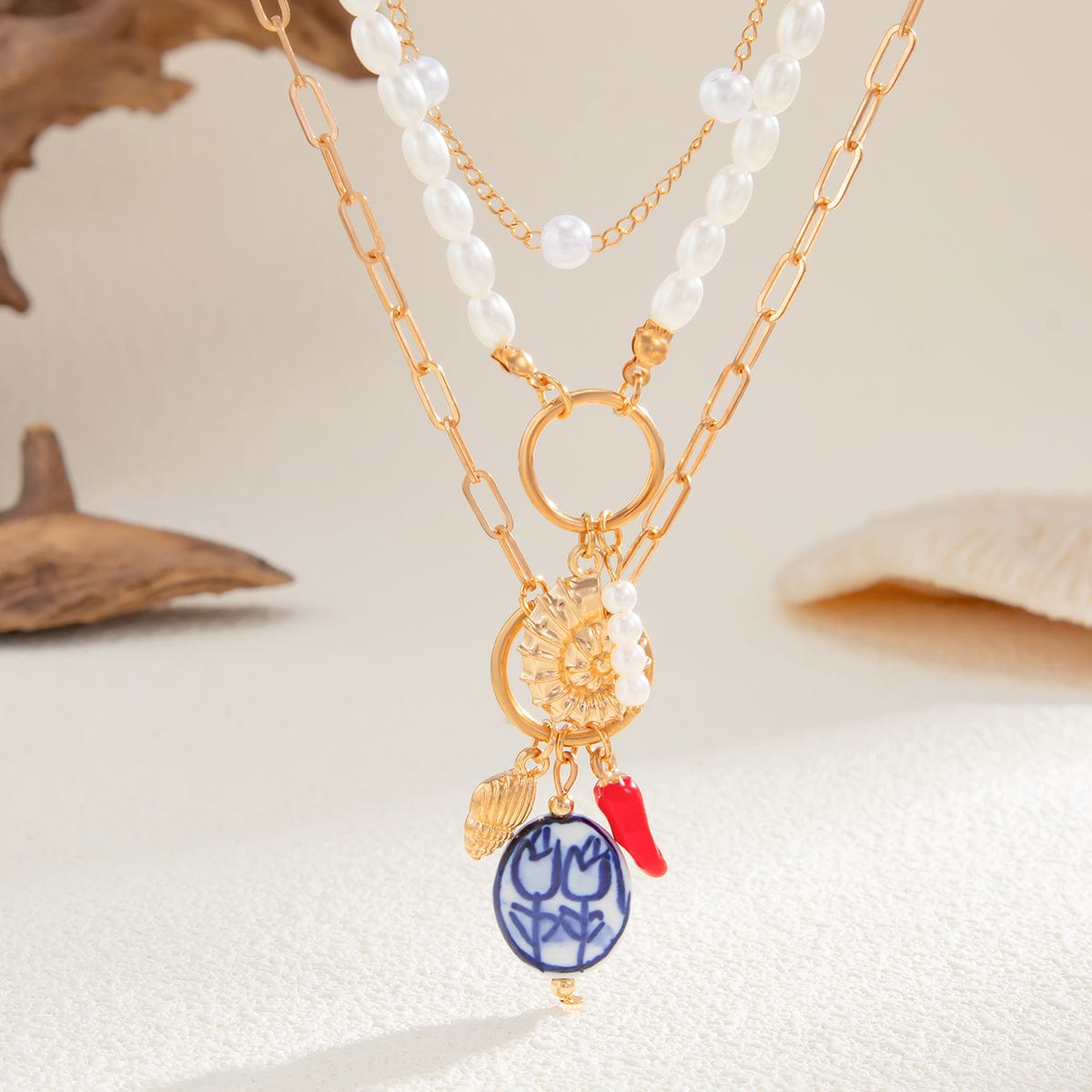 Boho 3pcs Conch Flower Ceramic Pendant Pearl Chain Necklace Set - ArtGalleryZen
