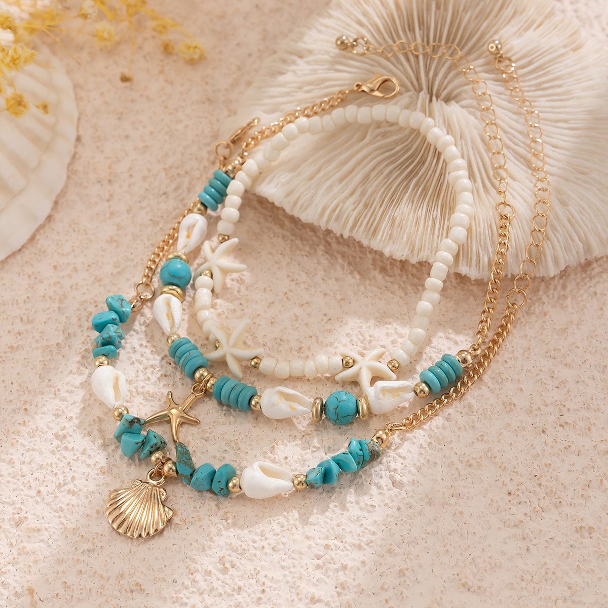 Boho 3Pcs Conch Shell Starfish Charm Turquoise Seed Bead Chain Anklet Set - ArtGalleryZen