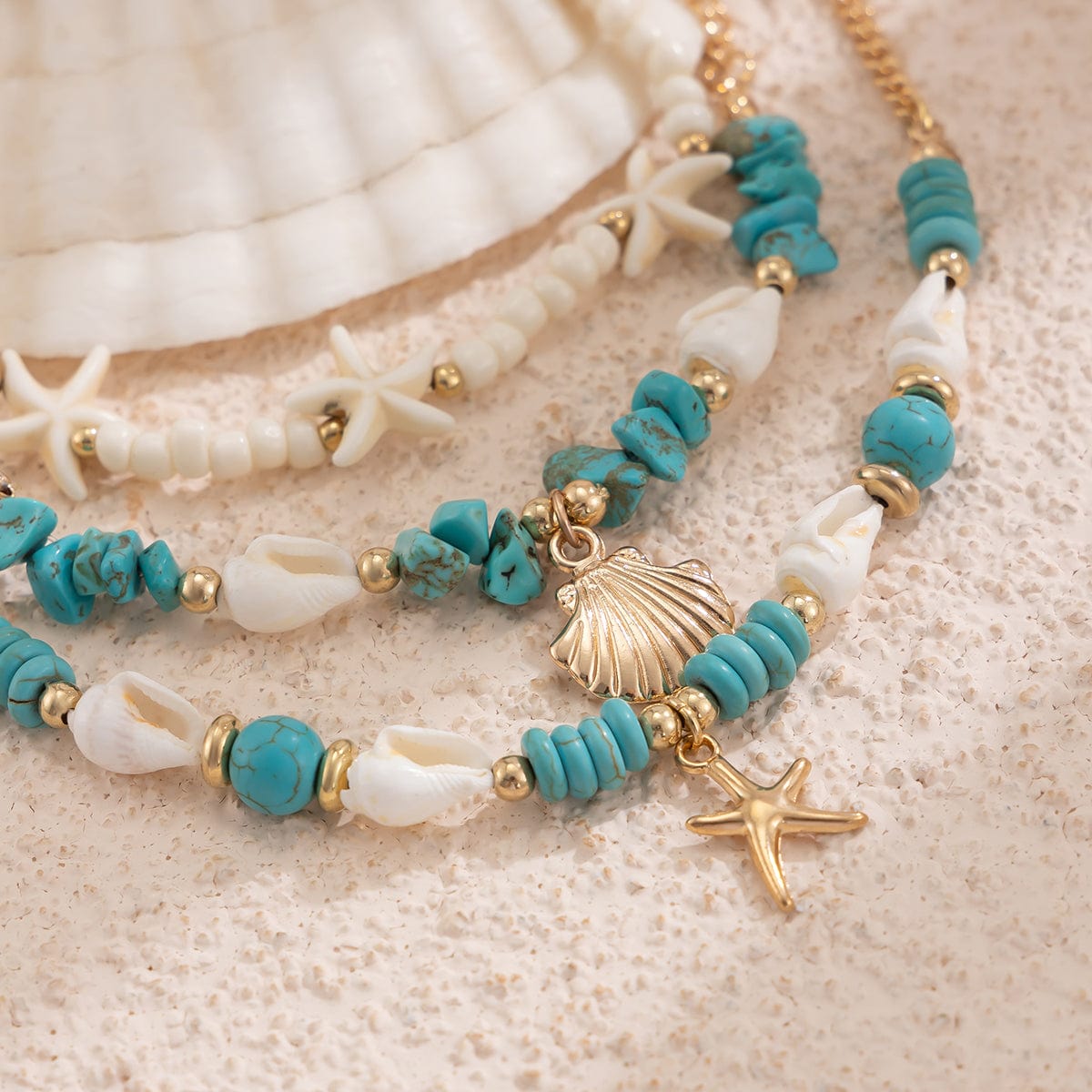Boho 3Pcs Conch Shell Starfish Charm Turquoise Seed Bead Chain Anklet Set - ArtGalleryZen