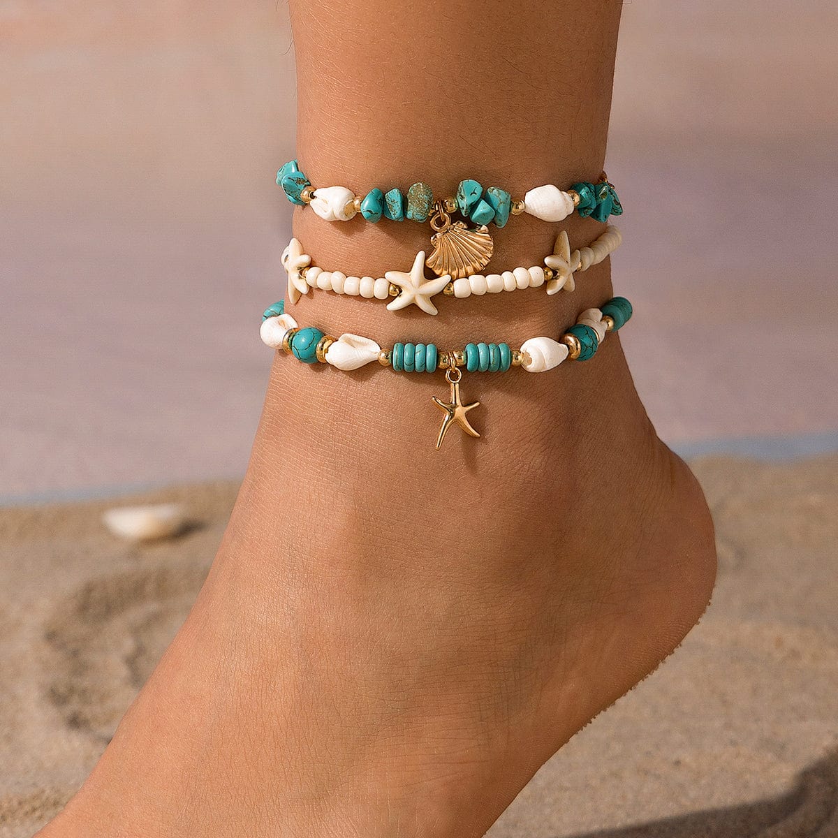 Boho 3Pcs Conch Shell Starfish Charm Turquoise Seed Bead Chain Anklet Set - ArtGalleryZen