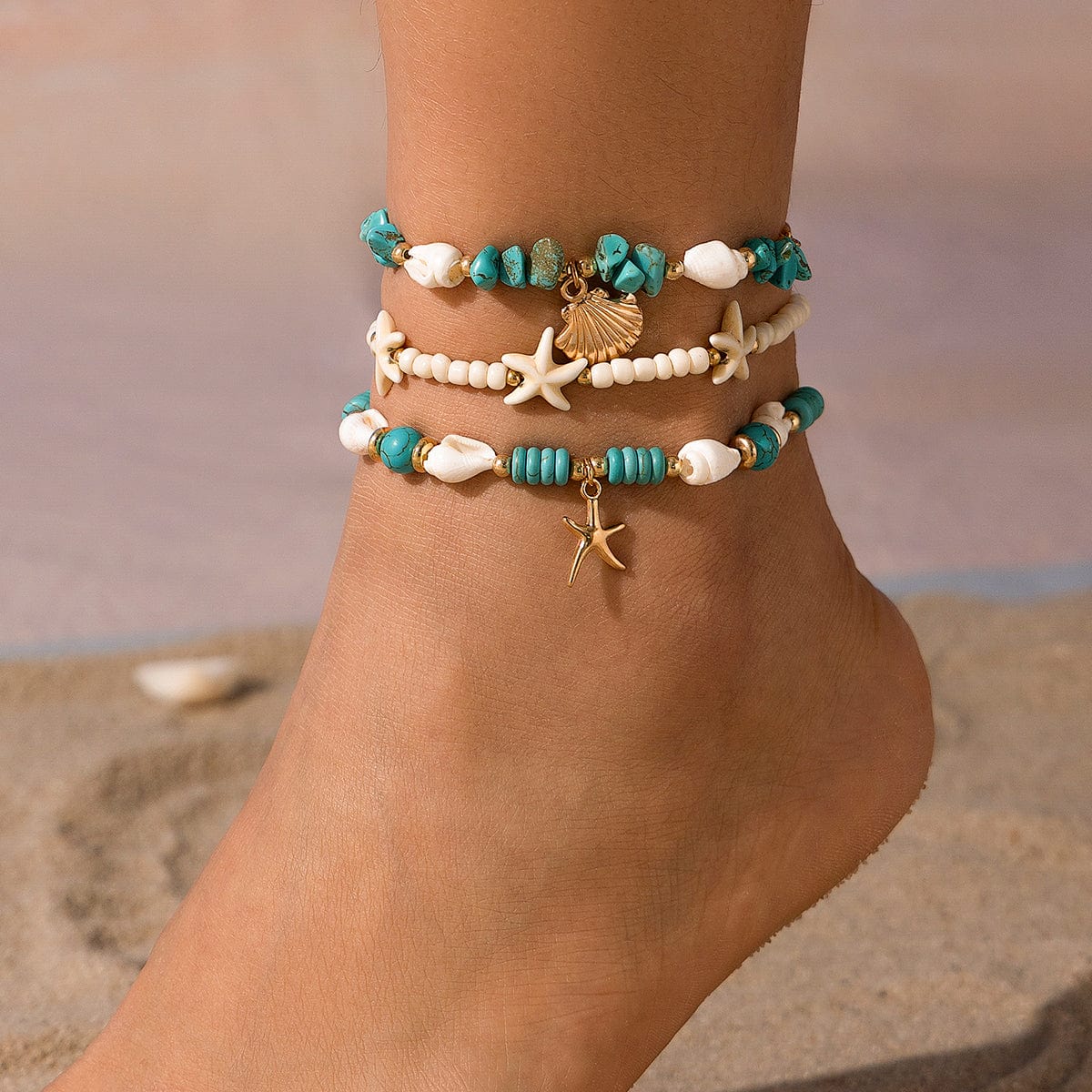 Boho 3Pcs Conch Shell Starfish Charm Turquoise Seed Bead Chain Anklet Set