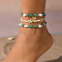 Thumbnail for Boho 3Pcs Conch Shell Starfish Charm Turquoise Seed Bead Chain Anklet Set