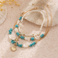 Thumbnail for Boho 3Pcs Conch Shell Starfish Charm Turquoise Seed Bead Chain Anklet Set