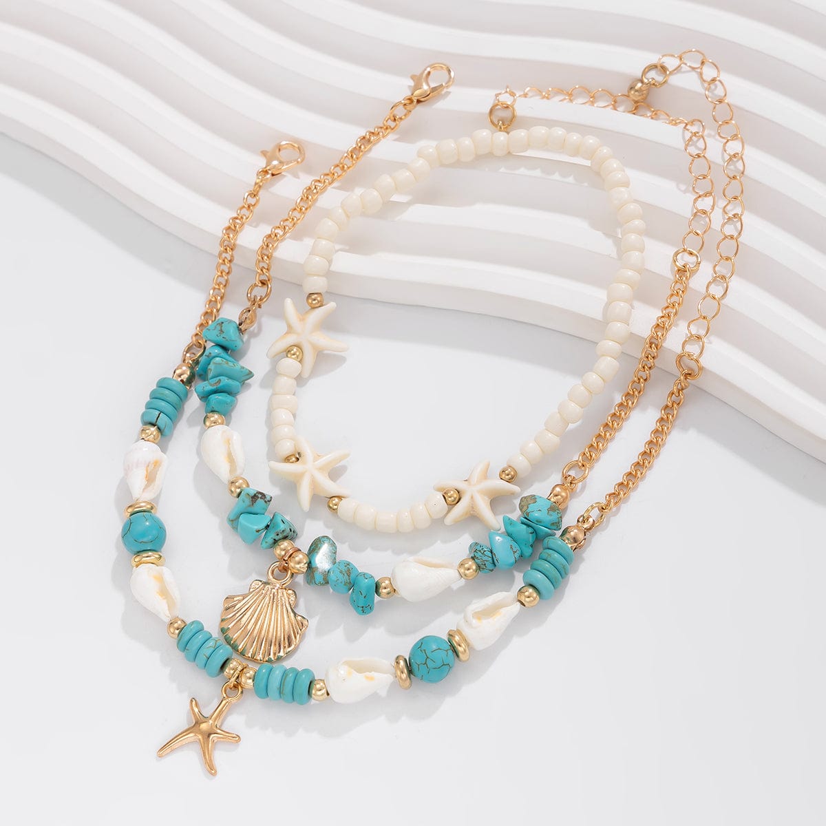 Boho 3Pcs Conch Shell Starfish Charm Turquoise Seed Bead Chain Anklet Set