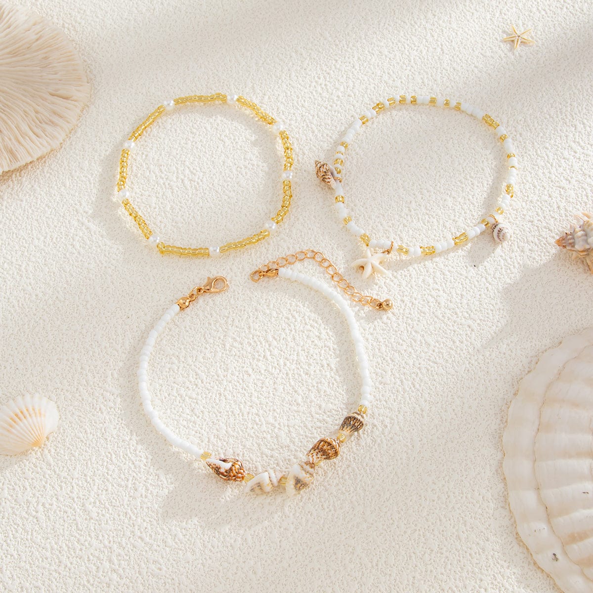 Boho 3pcs Conch Starfish Charm Pearl Seed Bead Chain Anklet Set - ArtGalleryZen