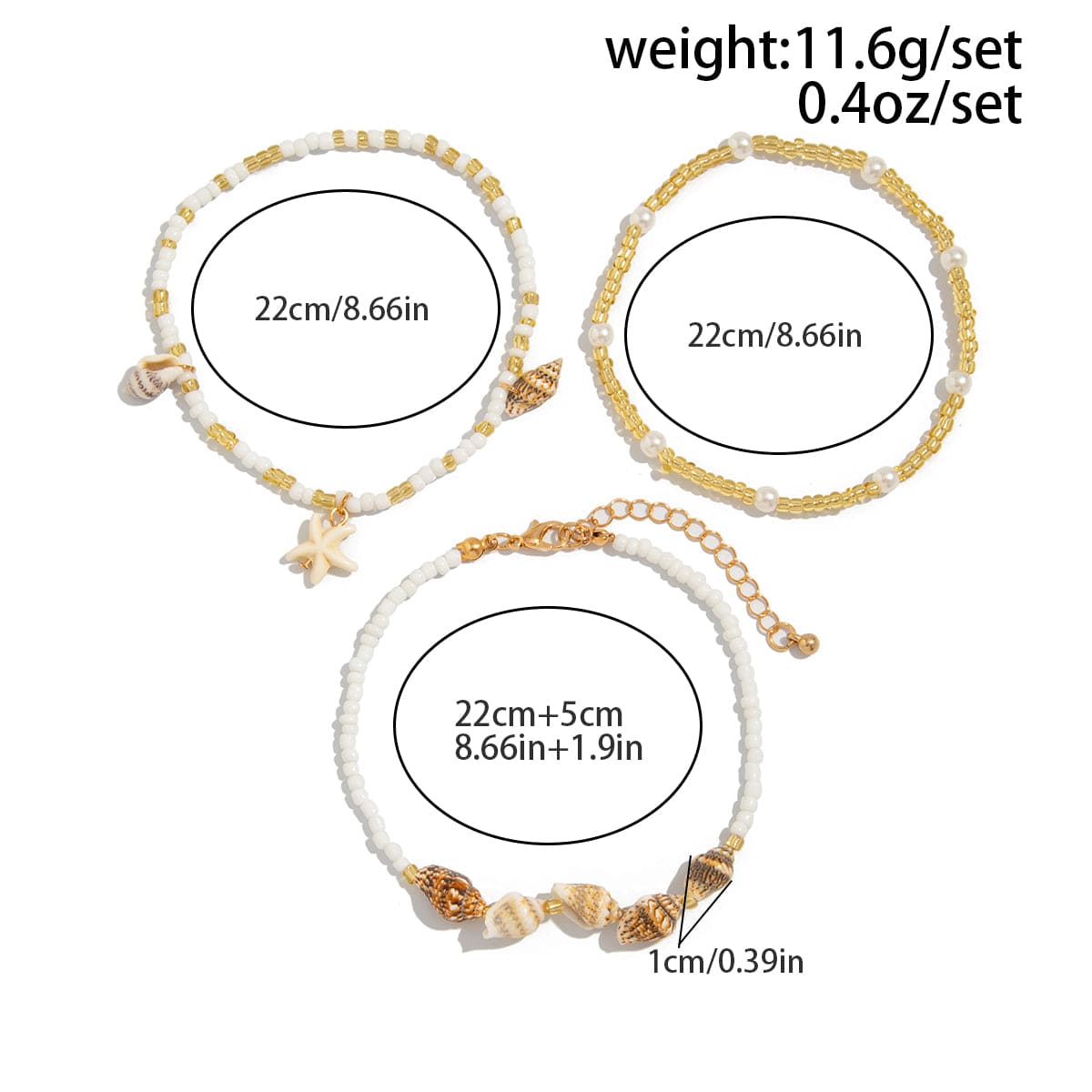 Boho 3pcs Conch Starfish Charm Pearl Seed Bead Chain Anklet Set - ArtGalleryZen