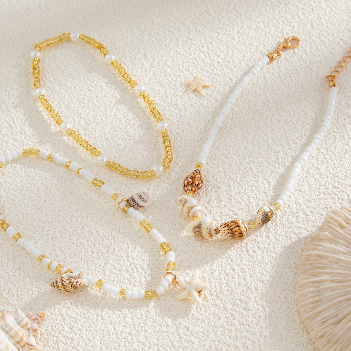 Boho 3pcs Conch Starfish Charm Pearl Seed Bead Chain Anklet Set - ArtGalleryZen