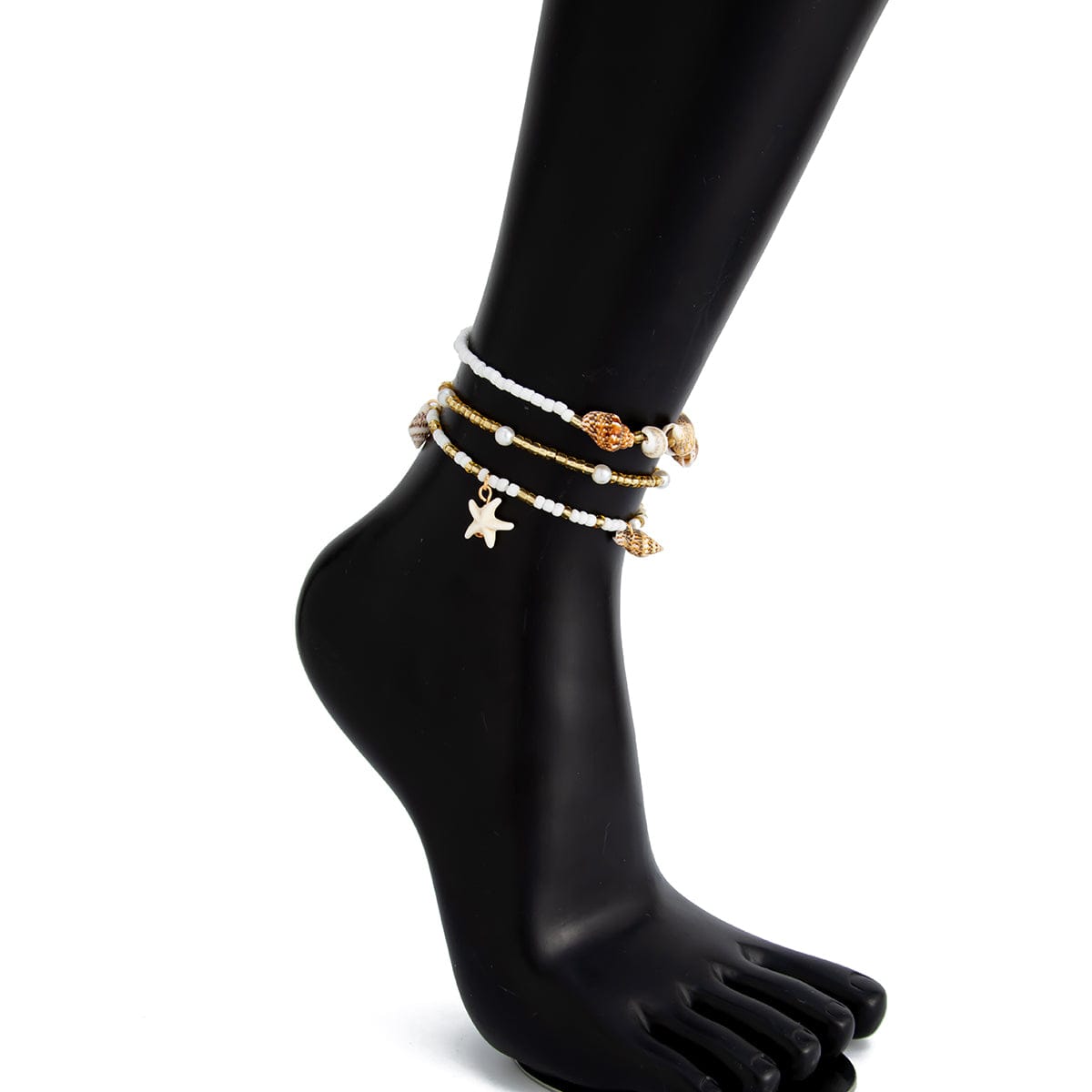 Boho 3pcs Conch Starfish Charm Pearl Seed Bead Chain Anklet Set - ArtGalleryZen