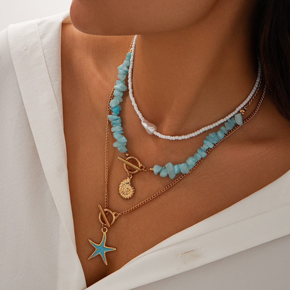 Boho 3Pcs Enamel Starfish Conch Pendant Turquoise Stone Chain Necklace Set - ArtGalleryZen