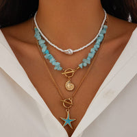 Thumbnail for Boho 3Pcs Enamel Starfish Conch Pendant Turquoise Stone Chain Necklace Set