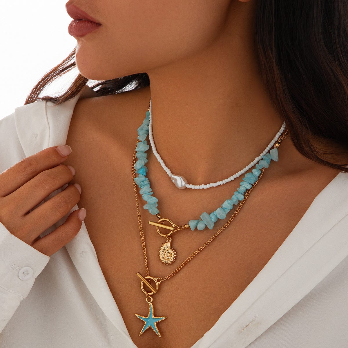 Boho 3Pcs Enamel Starfish Conch Pendant Turquoise Stone Chain Necklace Set