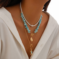 Thumbnail for Boho 3Pcs Enamel Starfish Conch Pendant Turquoise Stone Chain Necklace Set