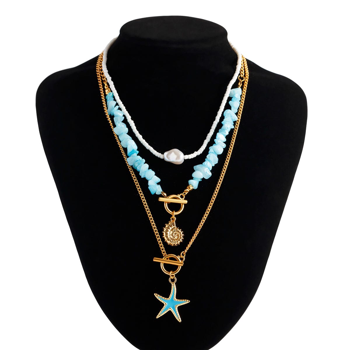 Boho 3Pcs Enamel Starfish Conch Pendant Turquoise Stone Chain Necklace Set