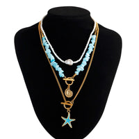 Thumbnail for Boho 3Pcs Enamel Starfish Conch Pendant Turquoise Stone Chain Necklace Set