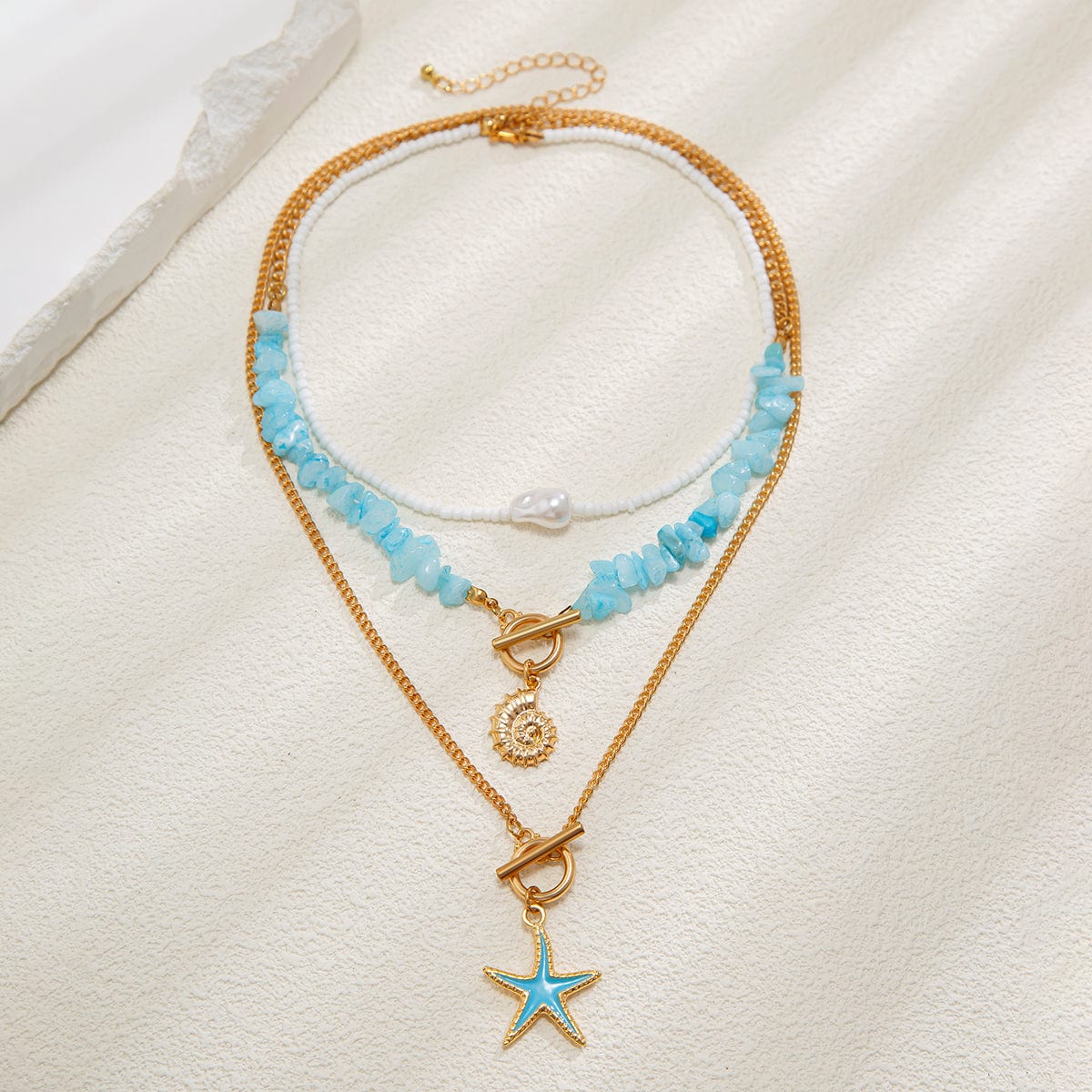 Boho 3Pcs Enamel Starfish Conch Pendant Turquoise Stone Chain Necklace Set