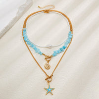 Thumbnail for Boho 3Pcs Enamel Starfish Conch Pendant Turquoise Stone Chain Necklace Set