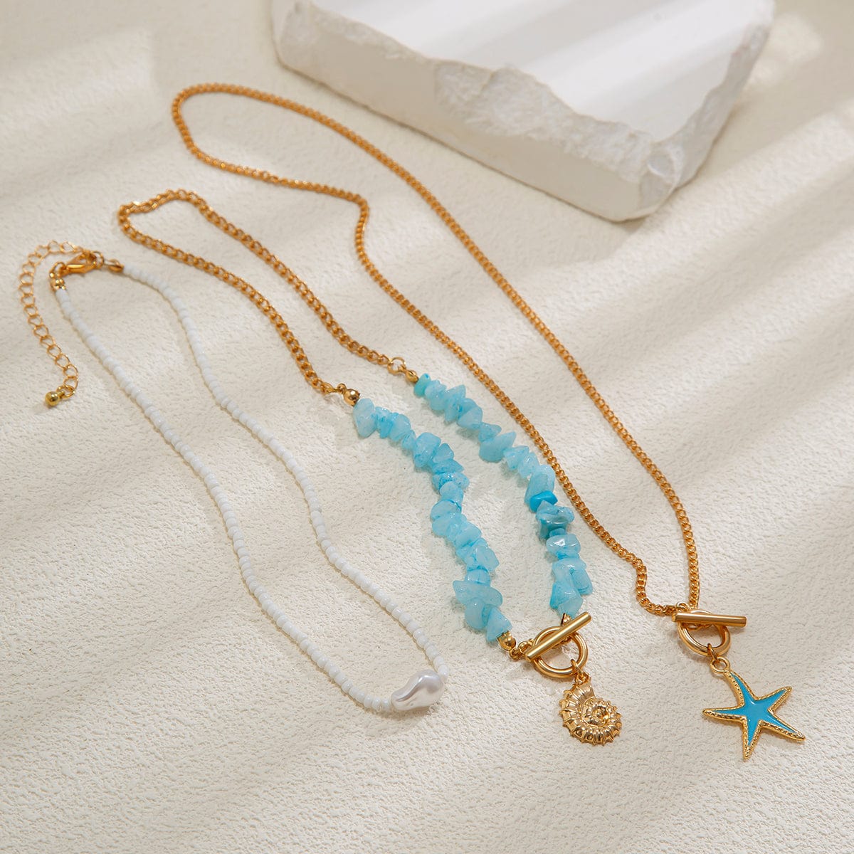 Boho 3Pcs Enamel Starfish Conch Pendant Turquoise Stone Chain Necklace Set