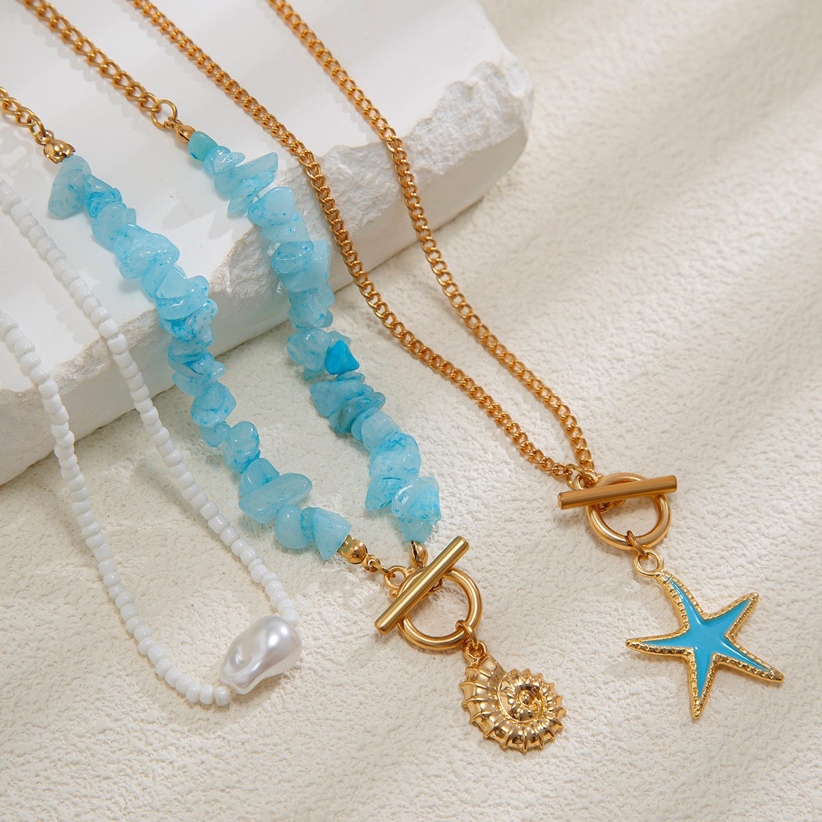 Boho 3Pcs Enamel Starfish Conch Pendant Turquoise Stone Chain Necklace Set