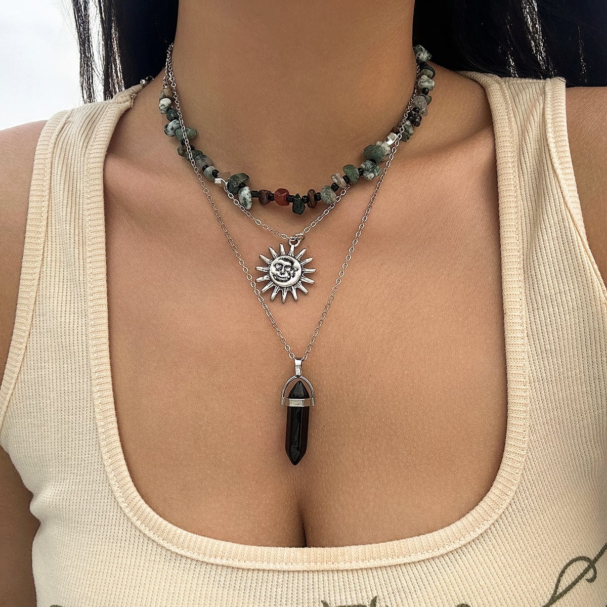 Boho 3Pcs Healing Crystal Sun Pendant Turquoise Stone Necklace Set