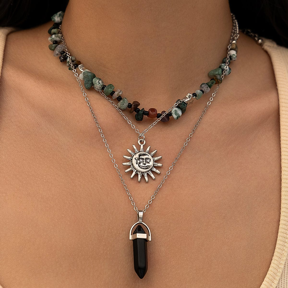 Boho 3Pcs Healing Crystal Sun Pendant Turquoise Stone Necklace Set