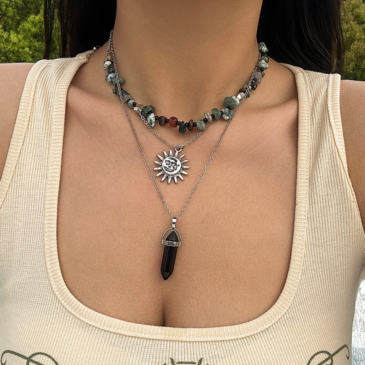 Boho 3Pcs Healing Crystal Sun Pendant Turquoise Stone Necklace Set