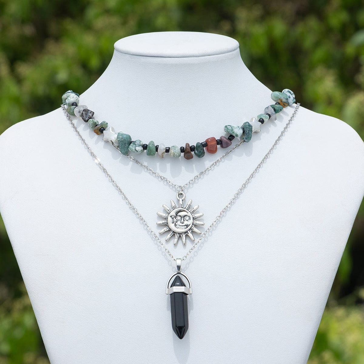 Boho 3Pcs Healing Crystal Sun Pendant Turquoise Stone Necklace Set