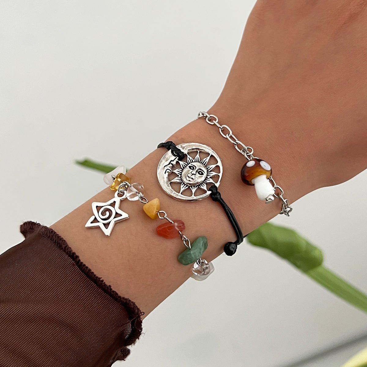 Boho 3pcs Mushroom Sun Moon Star Charm Turquoise Stone Bracelet Set - ArtGalleryZen